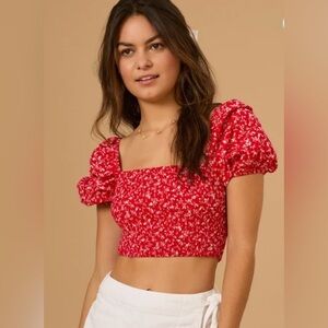 Altar'd State Red Floral Marcella Smocked Top Women's